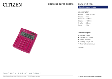Citizen SDC-812PKE calculator Fiche technique | Fixfr