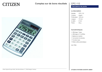 Citizen CPC-112 calculator Fiche technique | Fixfr