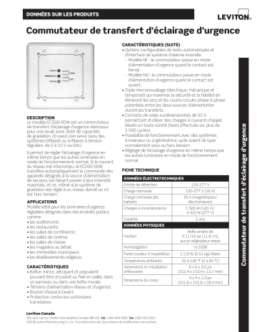 ECD00-FUS | Leviton ECD00-D0W Single Zone, Silent Emergency Transfer Control Fiche technique | Fixfr