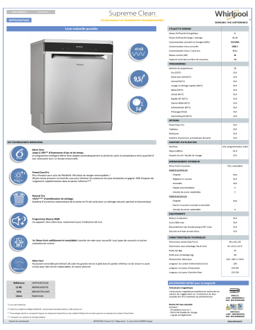 Product information | Whirlpool WFP5O41PLGX 6ème SENS Lave vaisselle 60 cm Manuel utilisateur | Fixfr