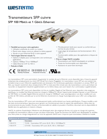 Westermo TX100 and GTX100 Copper SFP's SFP Copper Transceivers Fiche technique | Fixfr