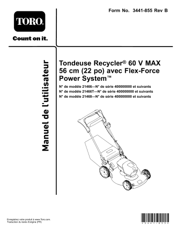 Toro Flex-Force Power System 60V MAX 22in Recycler Lawn Mower Walk Behind Mower Manuel utilisateur | Fixfr