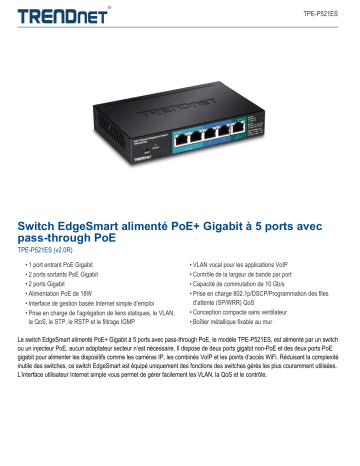 Trendnet TPE-P521ES 5-Port Gigabit PoE+ Powered EdgeSmart Switch Fiche technique | Fixfr