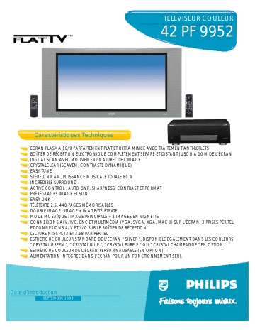 Philips 42PF9952 Flat Panel Television Manuel utilisateur | Fixfr