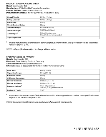 INFINFB3146 | Pride Mobility commander 400 Mobility Aid Manuel utilisateur | Fixfr