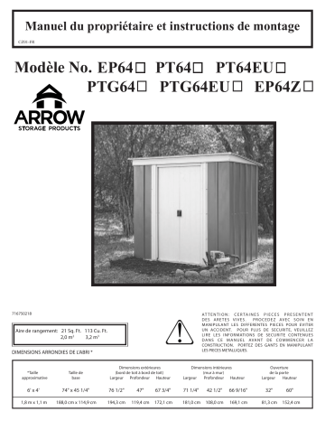 Manuel du propriétaire | Arrow Storage Products PT64 Pent Roof 6 x 4 Manuel utilisateur | Fixfr
