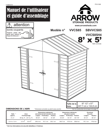 Manuel du propriétaire | Arrow Storage Products VVCS85 Viking Series Vinyl-Coated Steel Storage Shed, 8 ft. x 5 ft. Manuel utilisateur | Fixfr