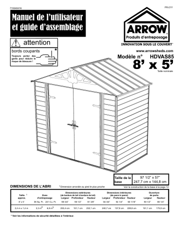 Manuel du propriétaire | Arrow Storage Products HDVAS85 Admiral™ Series Steel Storage Shed, 8 ft. x 5 ft. Creamy Vanilla Manuel utilisateur | Fixfr