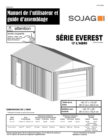 GRC1265 | GRC1220 | GRC1255 | GRC1275 | GRC1225 | GRC1270 | GRC1210 | GRC1215 | GRC1295 | GRC1235 | GRC1230 | GRC1280 | GRC1290 | GRC1285 | GRC1245 | GRC1250 | GRC1240 | GRC12100 | Manuel du propriétaire | Sojag GRC1260 SOJAG Everest Steel Garage, Wind and Snow Rated Storage Building Kit, 12 ft. x 60 ft. Charcoal Manuel utilisateur | Fixfr