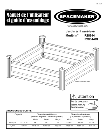 Manuel du propriétaire | Arrow Storage Products RBG44 Spacemaker® Raised Bed Garden, 4 ft. x 4 ft. Manuel utilisateur | Fixfr