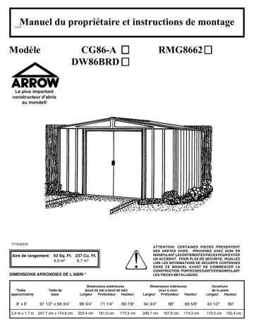 Manuel du propriétaire | Arrow Storage Products DW86BRD Driftwood 8 ft x 6 ft Manuel utilisateur | Fixfr