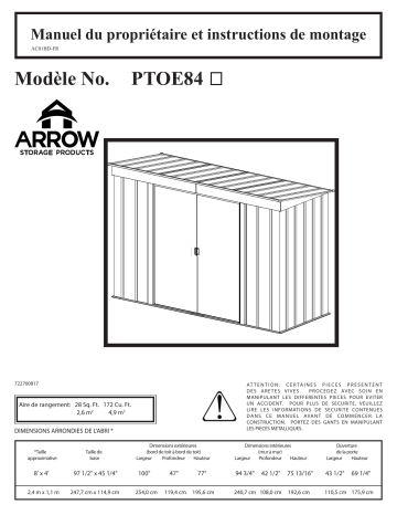 Manuel du propriétaire | Arrow Storage Products PTOE84 Pent Roof 8 x 4 Manuel utilisateur | Fixfr