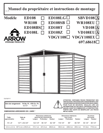 VD108EU | Manuel du propriétaire | Arrow Storage Products WR108EU Woodridge Steel Storage Shed, 10 ft. x 8 ft. Manuel utilisateur | Fixfr