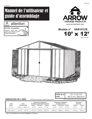 Manuel du propriétaire | Arrow Storage Products VAR1012S Vinyl Arlington Storage Shed, 10 ft. x 12 ft. Manuel utilisateur | Fixfr