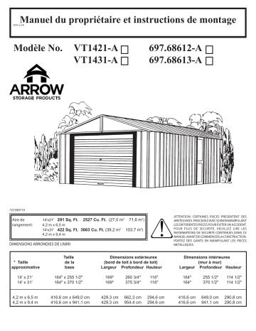 698 | VT1431 | Manuel du propriétaire | Arrow Storage Products VT1421 Vinyl Murryhill Storage Building, 14 ft. x 21 ft. Manuel utilisateur | Fixfr