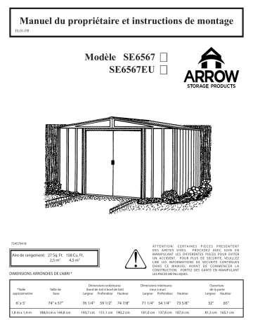 Manuel du propriétaire | Arrow Storage Products SE6567 Selmont Steel Storage Shed, 6 ft. x 5 ft., Shed Kit Manuel utilisateur | Fixfr