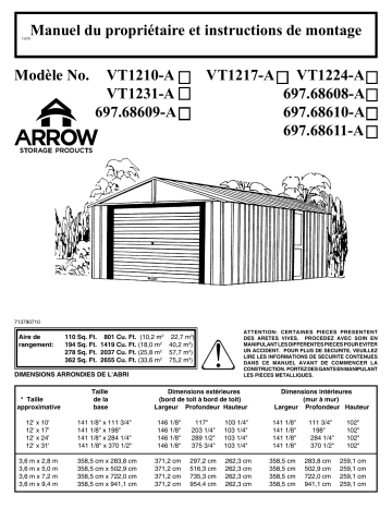 Manuel du propriétaire | Arrow Storage Products VT1210 Vinyl Murryhill Storage Building, 12 ft. x 10 ft. Manuel utilisateur | Fixfr