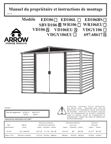 WR106EU | Manuel du propriétaire | Arrow Storage Products VD106EU Vinyl Dallas Vinyl-Coated Steel Storage Shed, 10 ft. x 6 ft. Manuel utilisateur | Fixfr