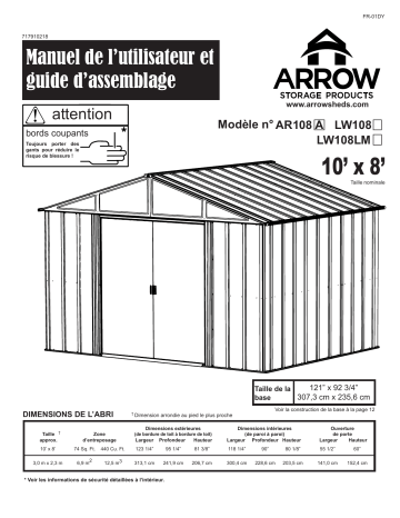 LW108LM | LW108 | Manuel du propriétaire | Arrow Storage Products AR108 Arlington Steel Storage Shed, 10 ft. x 8 ft. Manuel utilisateur | Fixfr