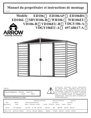 VD106EU | VD106 | ED106AP | Manuel du propriétaire | Arrow Storage Products VDGY106EU 15 ft. x 6 ft. Vinyl Dallas Steel Storage Shed Kit Grey Manuel utilisateur | Fixfr