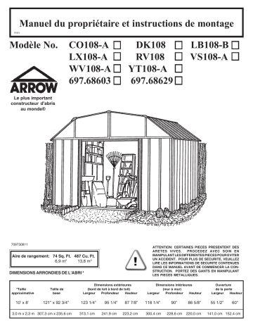 68603 | Manuel du propriétaire | Arrow Storage Products VS108 Vinyl Sheridan Vinyl-Coated Steel Storage Shed, 10 ft. x 8 ft. Manuel utilisateur | Fixfr