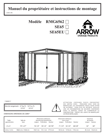 Manuel du propriétaire | Arrow Storage Products RMG6562 Dresden Series Steel Storage Shed, 6 ft. x 5 ft. Manuel utilisateur | Fixfr