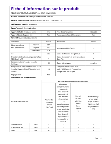 Dometic RH440NTE Information produit | Fixfr