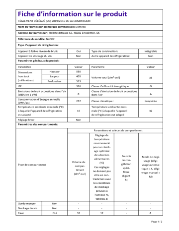 Dometic N40G2 Information produit | Fixfr