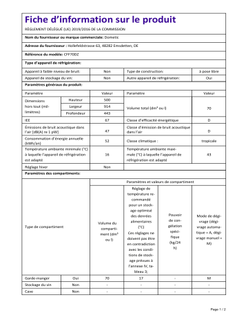 Dometic CFF70DZ Information produit | Fixfr