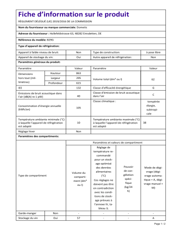 Dometic B29G Information produit | Fixfr