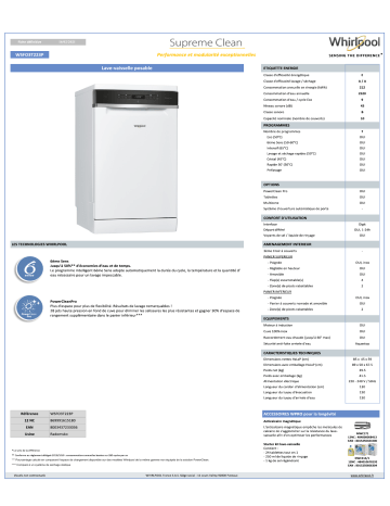 Whirlpool WSFO3T223P Lave vaisselle 45 cm Product information | Fixfr