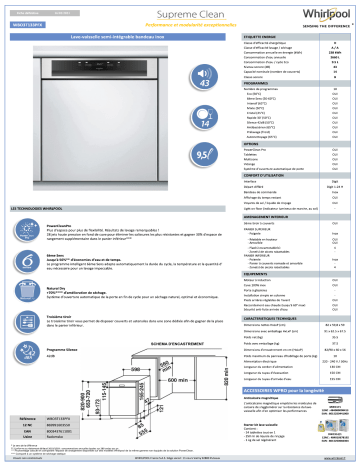 Whirlpool WBO3T133PFX 6ème SENS Lave vaisselle encastrable Product information | Fixfr