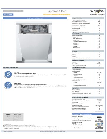 Whirlpool WSIO3T223PEX 6ème SENS Lave vaisselle tout intégrable 45 cm Product information | Fixfr