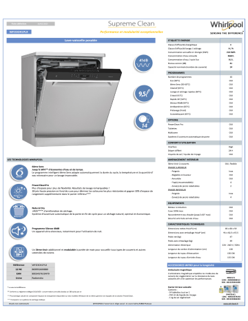 Whirlpool WFO3O41PLX 6ème SENS Lave vaisselle 60 cm Product information | Fixfr