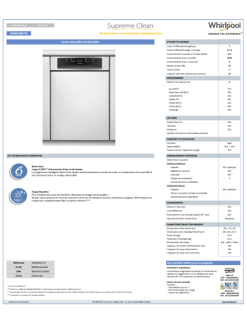 Whirlpool WSBC3M17X Lave vaisselle encastrable 45 cm Product information | Fixfr