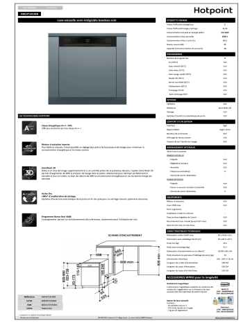 Hotpoint HBO3T141WB Lave vaisselle encastrable Product information | Fixfr