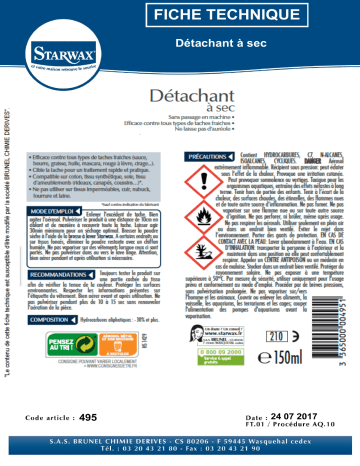 Starwax DETACHANT A SEC 150ML Détachant textile Product information | Fixfr