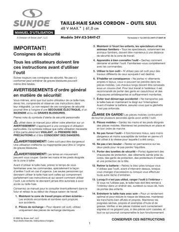 Sun Joe 24V-X2-24HT-CT 48-Volt iON+ Cordless Hedge Trimmer Manuel du propriétaire | Fixfr