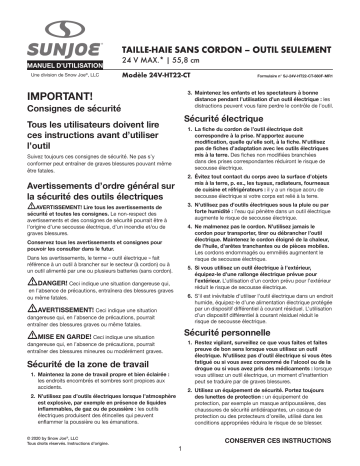 Sun Joe 24V-HT22-CT 24-Volt iON+ Cordless Hedge Trimmer Manuel du propriétaire | Fixfr