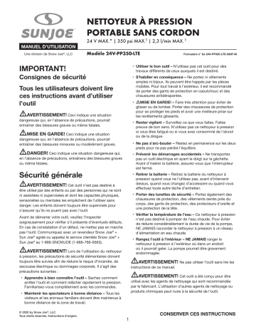 24V-PP350-LTE-PRP | 24V-PP350-LTE-RED | 24V-PP350-BDL | 24V-PP350-LTE-SJB | Sun Joe 24V-PP350-LTE-GRY 24-Volt iON+ Power Cleaner Kit Manuel du propriétaire | Fixfr