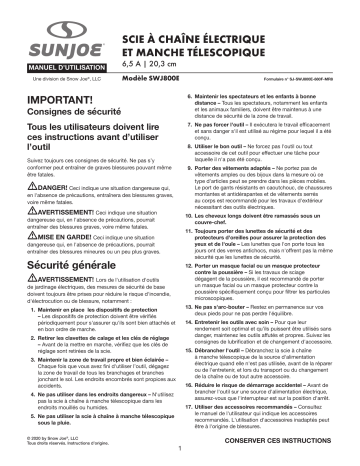 Sun Joe SWJ800E Electric Pole Chain Saw Manuel du propriétaire | Fixfr