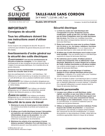 Sun Joe 24V-HT18-LTE 24-Volt iON+ Cordless Handheld Hedge Trimmer Kit Manuel du propriétaire | Fixfr