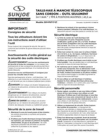 Sun Joe 24V-PHT17-CT 24-Volt iON+ Cordless Pole Hedge Trimmer Manuel du propriétaire | Fixfr