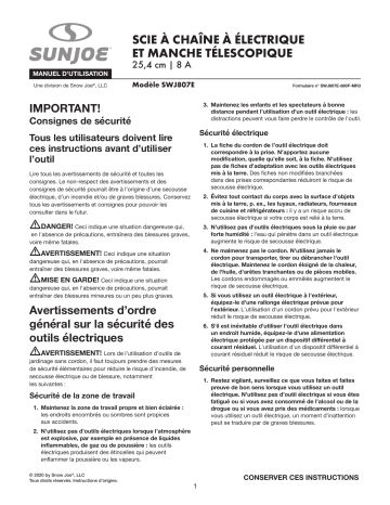 Sun Joe SWJ807E-PRP Electric Convertible Pole Chain Saw Manuel du propriétaire | Fixfr