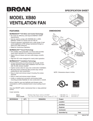  Broan   XB80  spécification | Fixfr