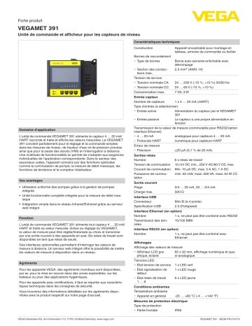 Vega VEGAMET 391 Controller and display instrument for level sensors spécification | Fixfr