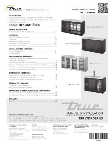 True TBR, TDR Bar Refrigeration Installation manuel | Fixfr