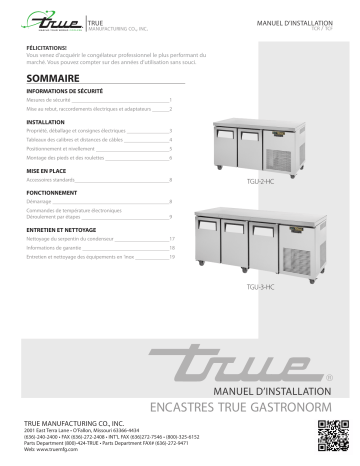 True TGU Gastronorm Undercounter & Worktop Refrigerators/Freezer Installation manuel | Fixfr