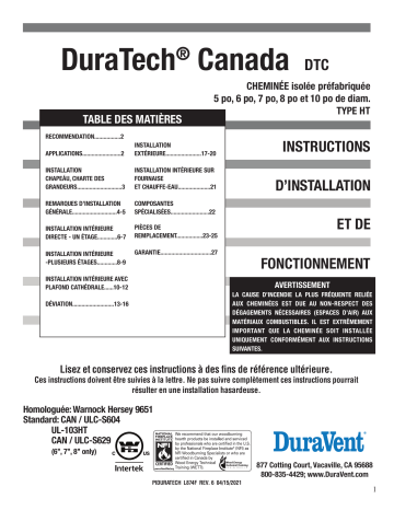 DuraVent DuraTech Canada Guide d'installation | Fixfr