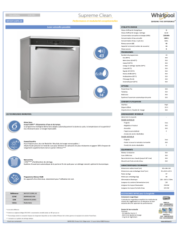 Whirlpool WFO3T133P6.5PX 6ème SENS Lave vaisselle 60 cm Product information | Fixfr